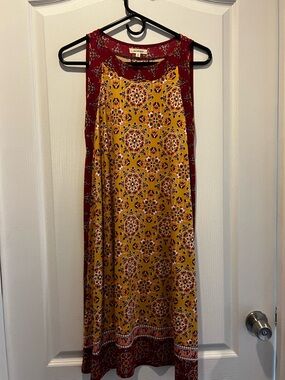 Max Studio Yellow and Burgundy Printed Sleeveless Midi Dress